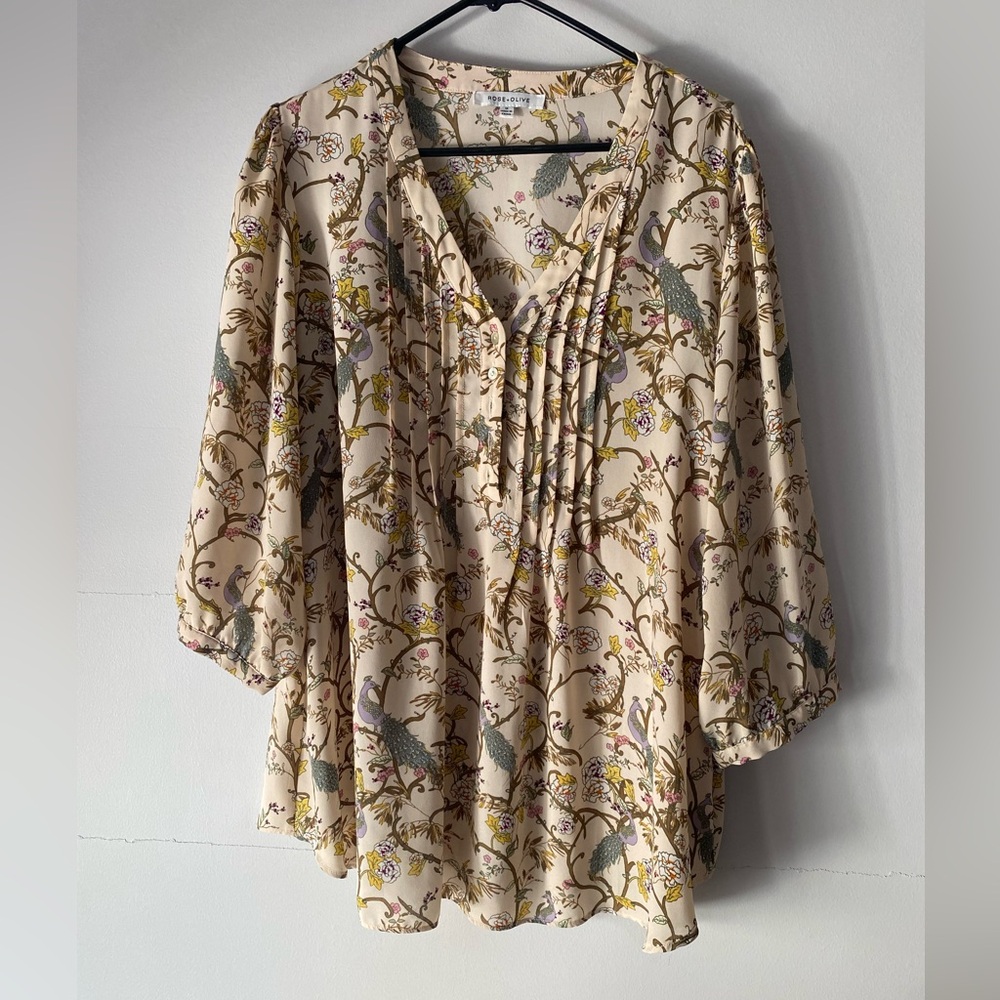 Rose & Olive Cream Floral and Bird V-Neck Pintuck Blouse